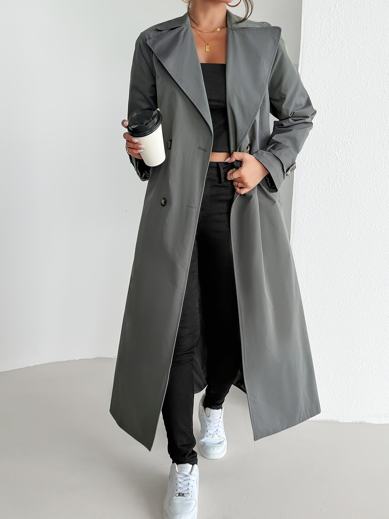 Doppelreihigs Langes Graus Trenchcoat Mit Gurt Für Damen | Ideal für den Winter