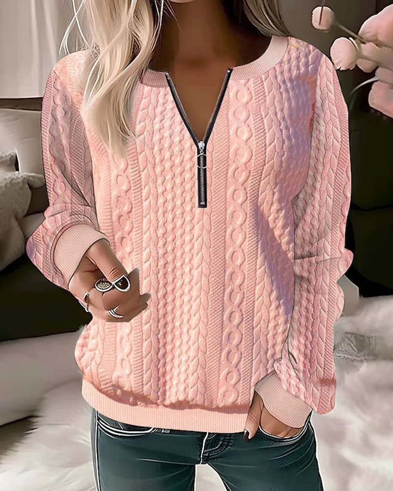 Elegant Halbreissverschluss Strick Pullover Mit Zopfmuster für Damen | Ideal für Winter