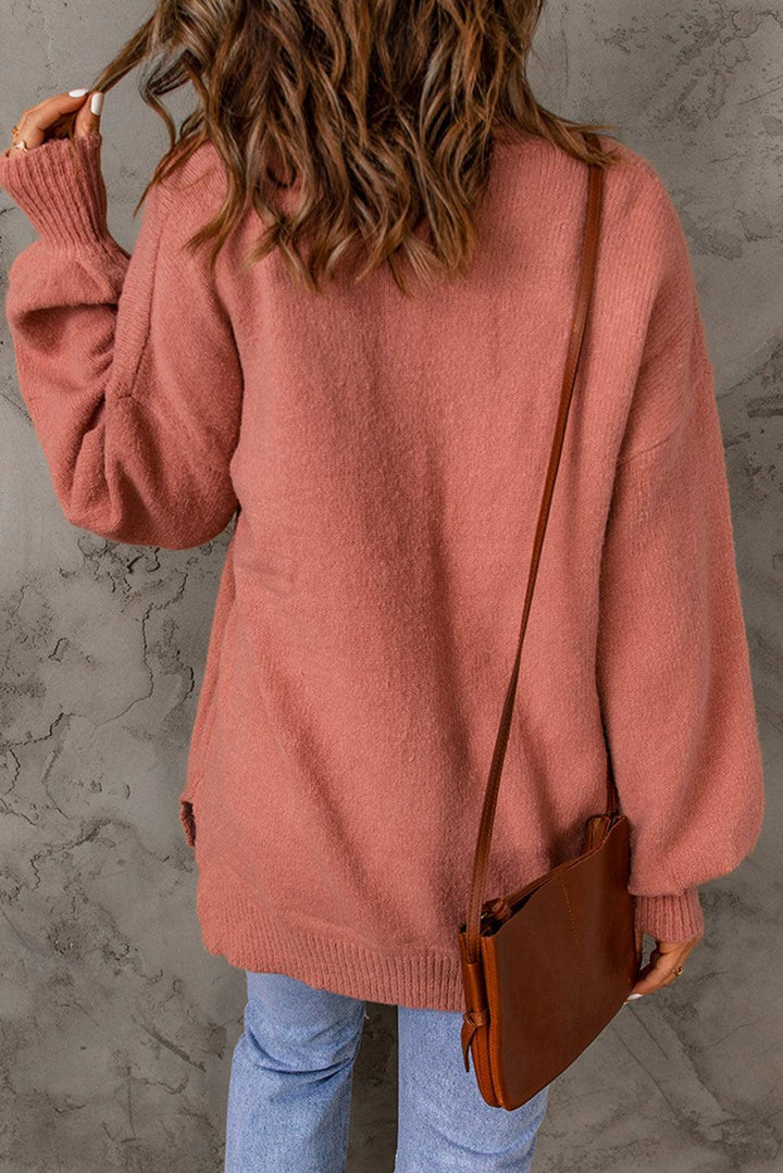 Trendigi Overstørrelse Rosa Rundhals Strickpullover Mit Tasche für Damen | Ideal für alle Jahreszeiten