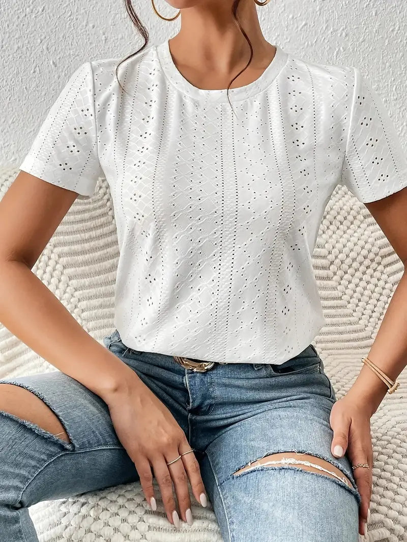 Lässiges Rundhals T-Shirt Mit Ösen Detail für Damen | Ideal für Sommer