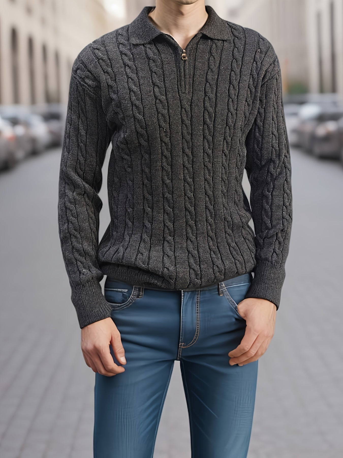 Lässiger Grauer Zopfmuster Strickpullover Mit Reissverschluss Und Kragen für Herren | Ideal für alle Jahreszeiten