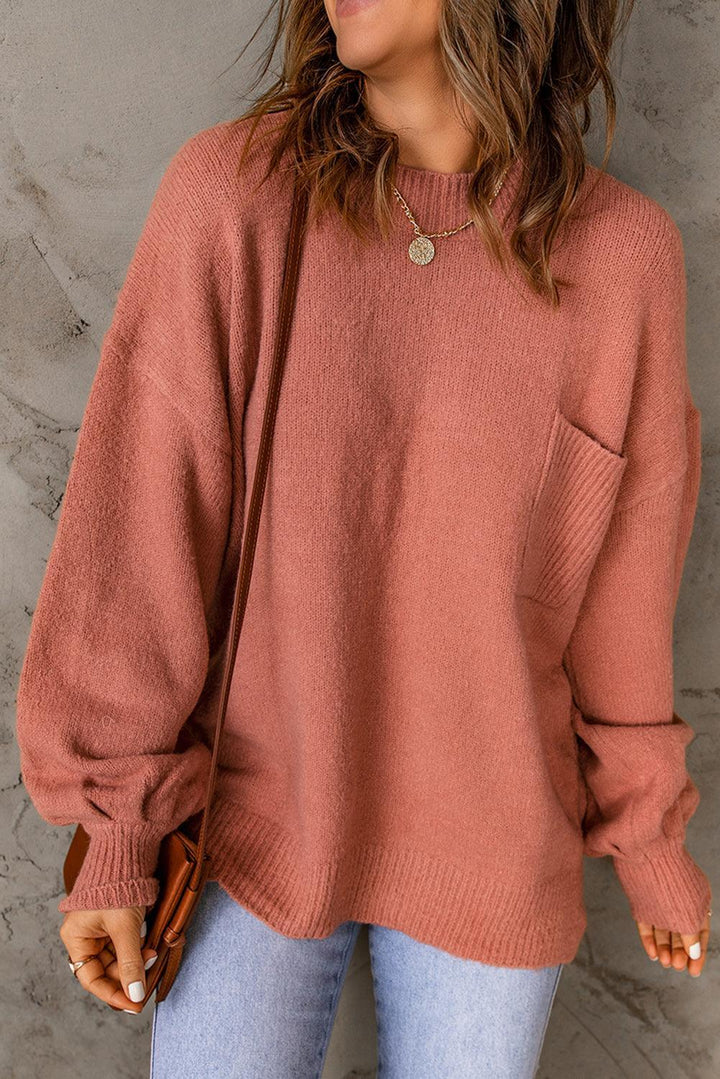 Trendigi Overstørrelse Rosa Rundhals Strickpullover Mit Tasche für Damen | Ideal für alle Jahreszeiten