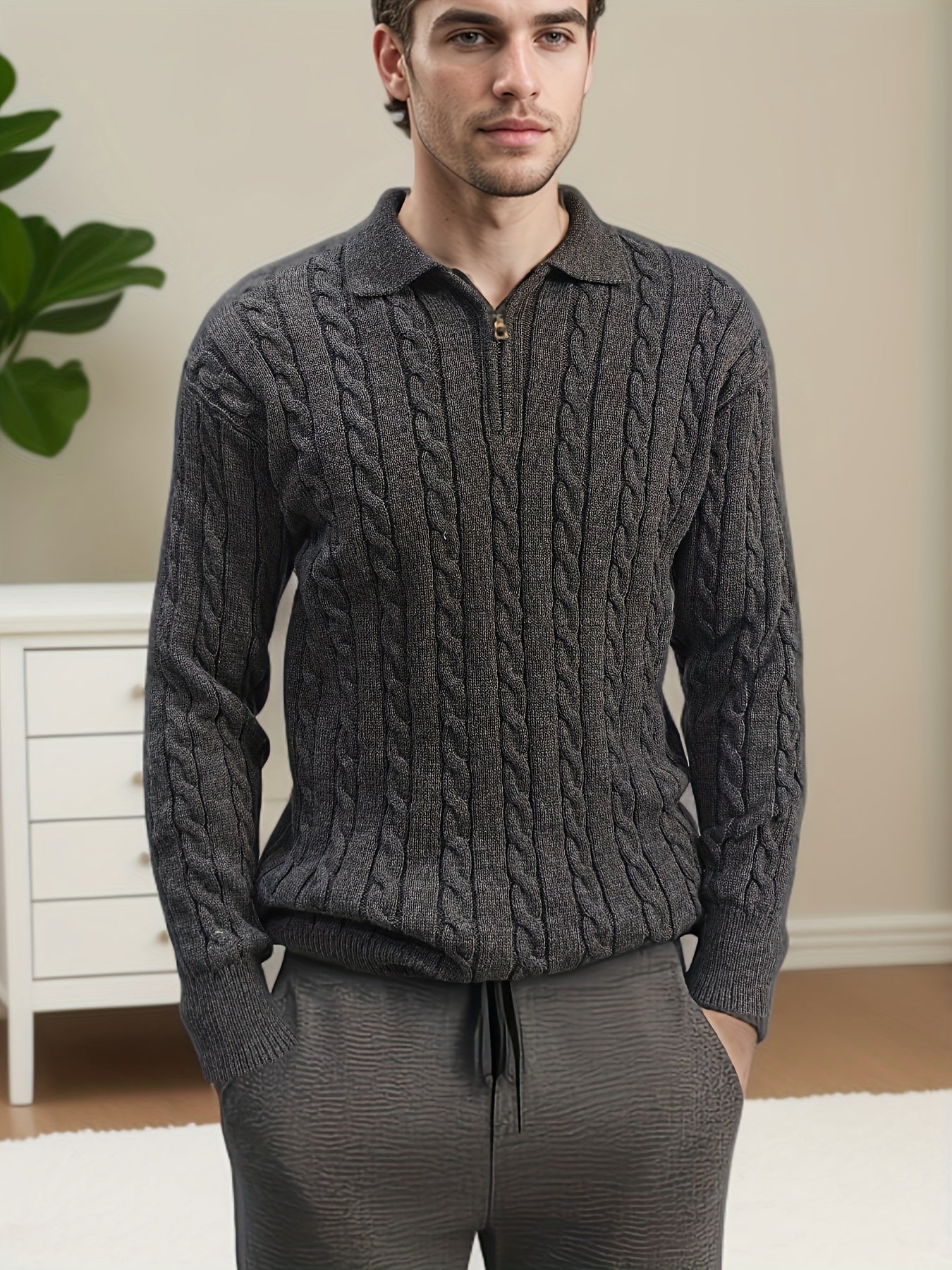 Lässiger Grauer Zopfmuster Strickpullover Mit Reissverschluss Und Kragen für Herren | Ideal für alle Jahreszeiten