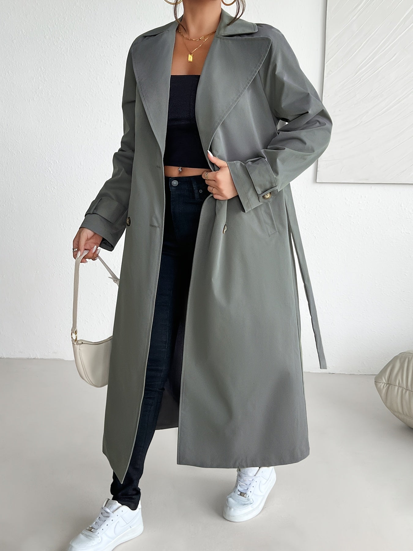 Doppelreihigs Langes Graus Trenchcoat Mit Gurt Für Damen | Ideal für den Winter