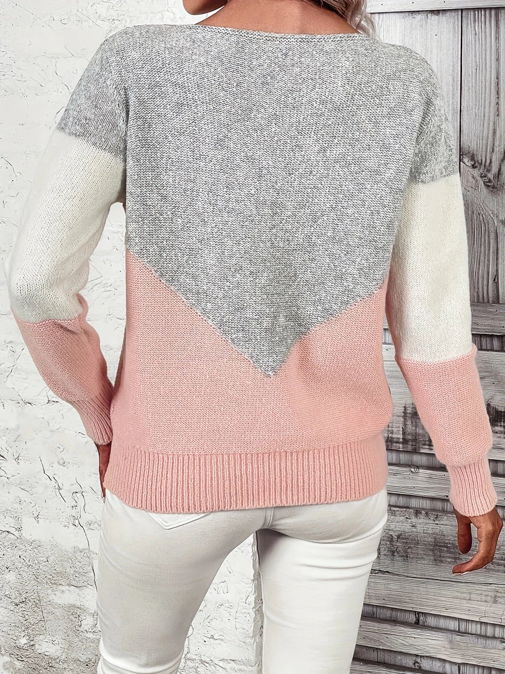 Elegants Farbblock V-Ausschnitt Lochmuster Strick Pullover für Damen | Ideal für alle Jahreszeiten