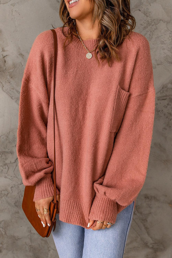 Trendigi Overstørrelse Rosa Rundhals Strickpullover Mit Tasche für Damen | Ideal für alle Jahreszeiten