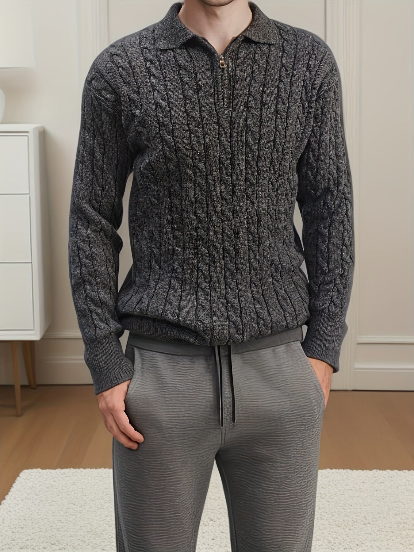 Lässiger Grauer Zopfmuster Strickpullover Mit Reissverschluss Und Kragen für Herren | Ideal für alle Jahreszeiten