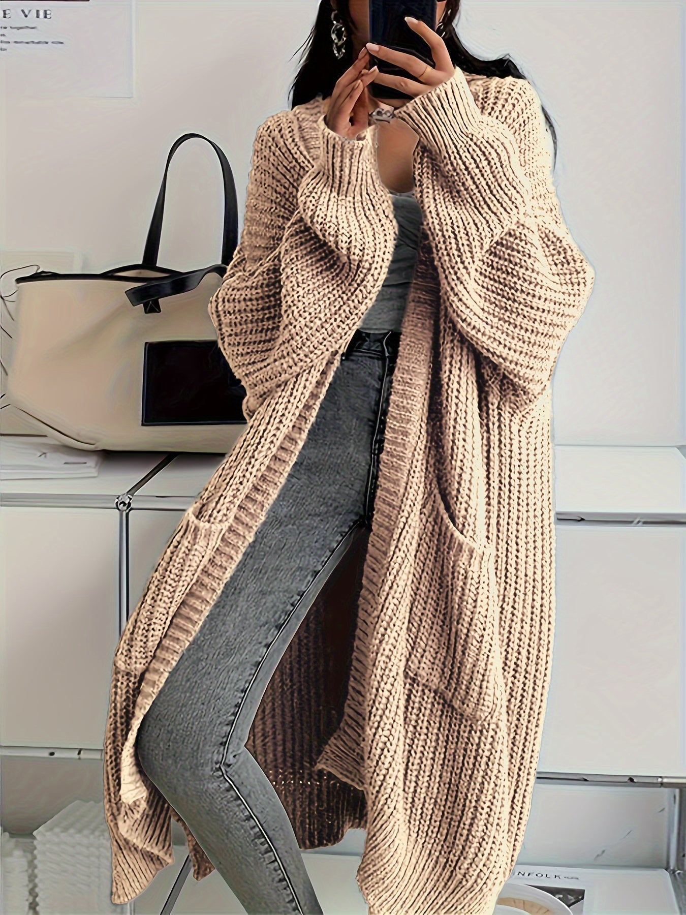 Uni-Farbigs Gstrickts Cardigan Mit Täschli Für Damen | Ideal für den Winter