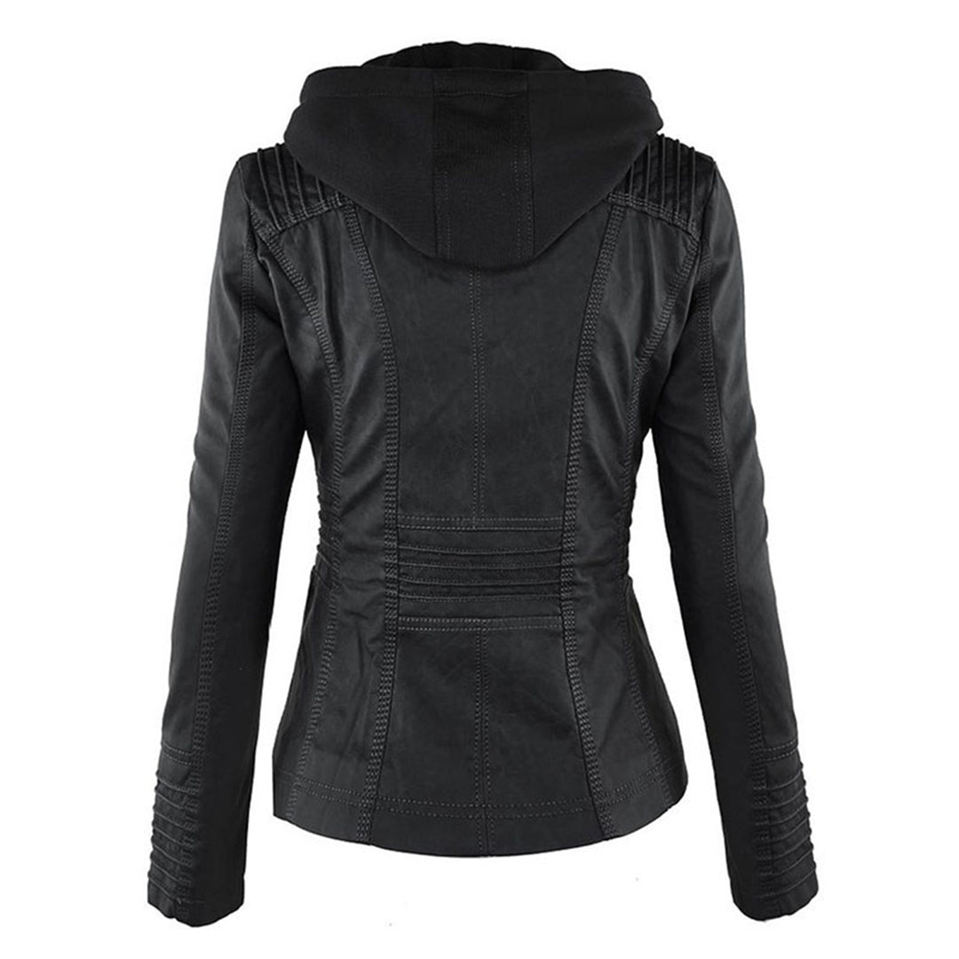 Lässigs Kapuzenzip-Hoodie Aus Veganer Leder Mit Kragen Für Damen | Ideal für den Winter