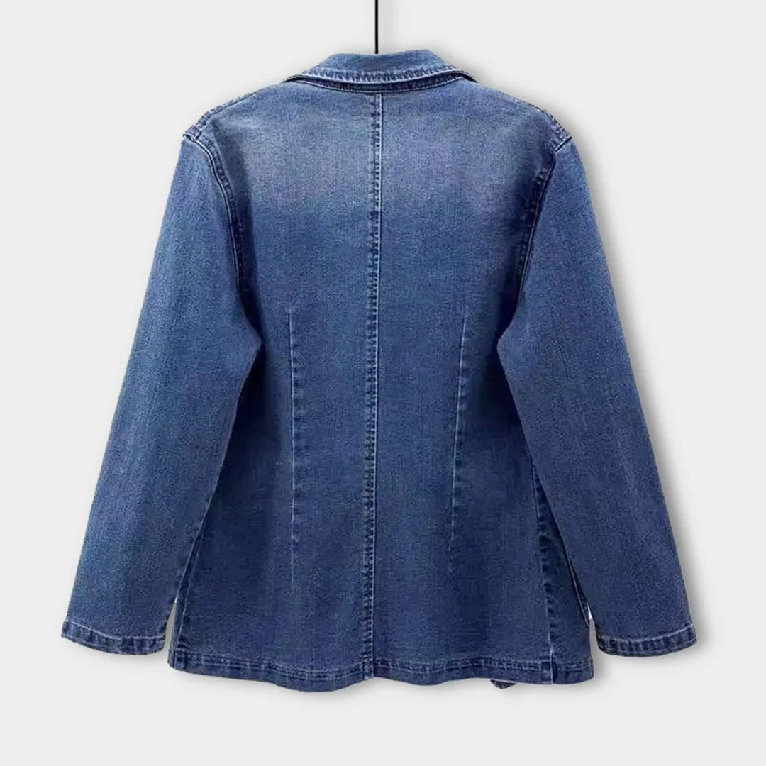 Vintage blau Denim Blazer mit Tasche und einem Chnopf für Damen | Ideal für alle Jahreszeiten