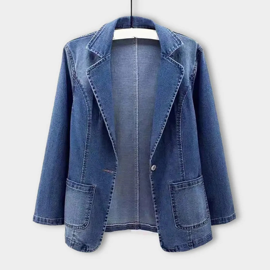 Vintage blau Denim Blazer mit Tasche und einem Chnopf für Damen | Ideal für alle Jahreszeiten