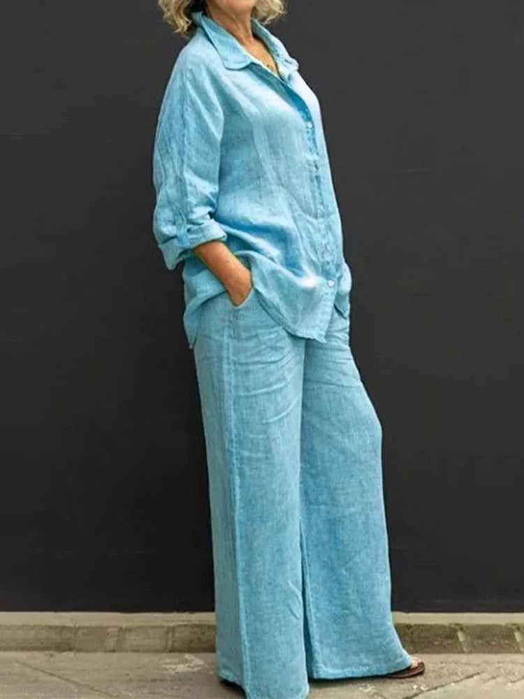 Lässiger Lockersitzendi Leinen-Zweiteiler Mit Bluse Und Hose für Damen | Ideal für Sommer