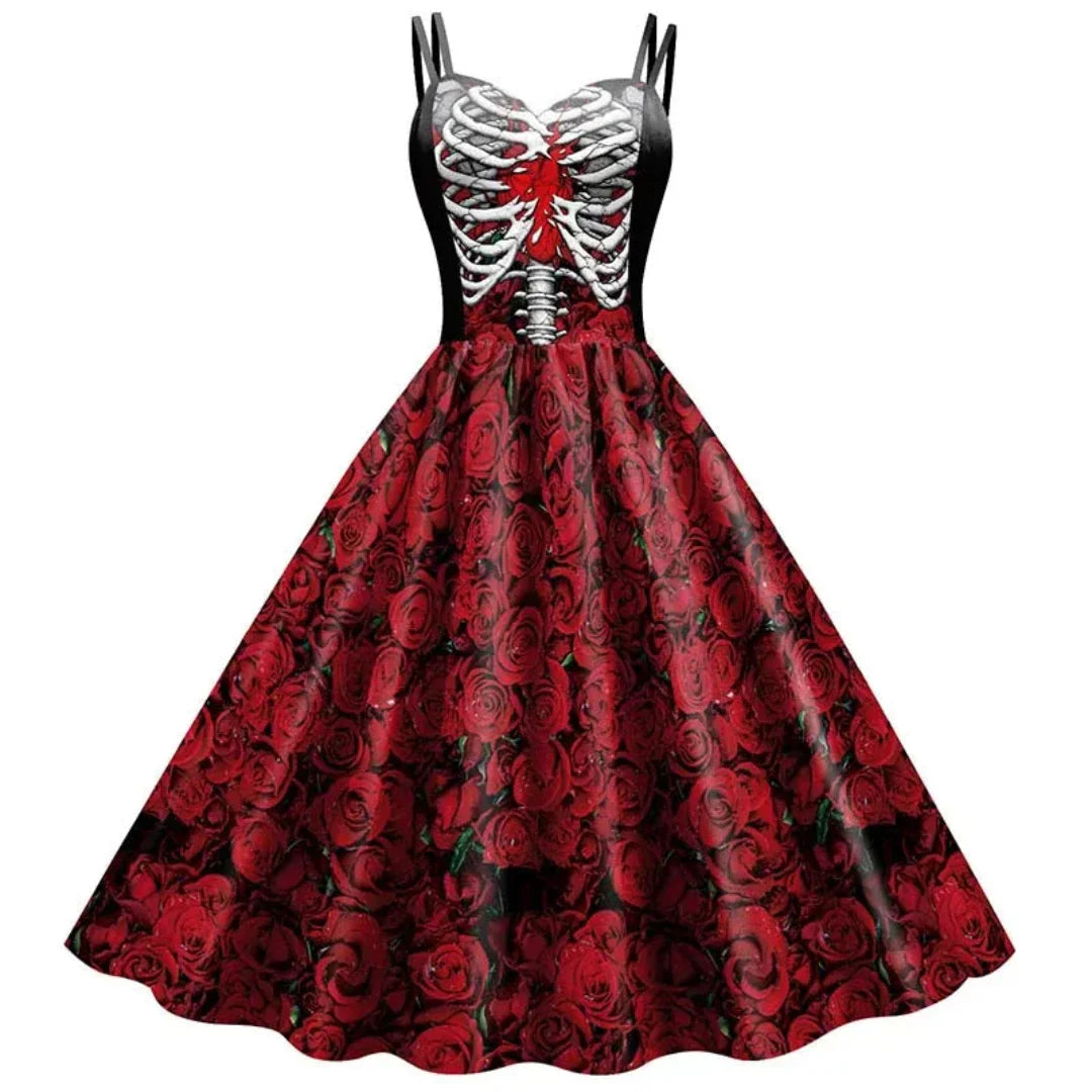 Stylisches V-Ausschnitt Vintage Midi Kleid Mit Gothic-Muster für Damen | Ideal für Sommer