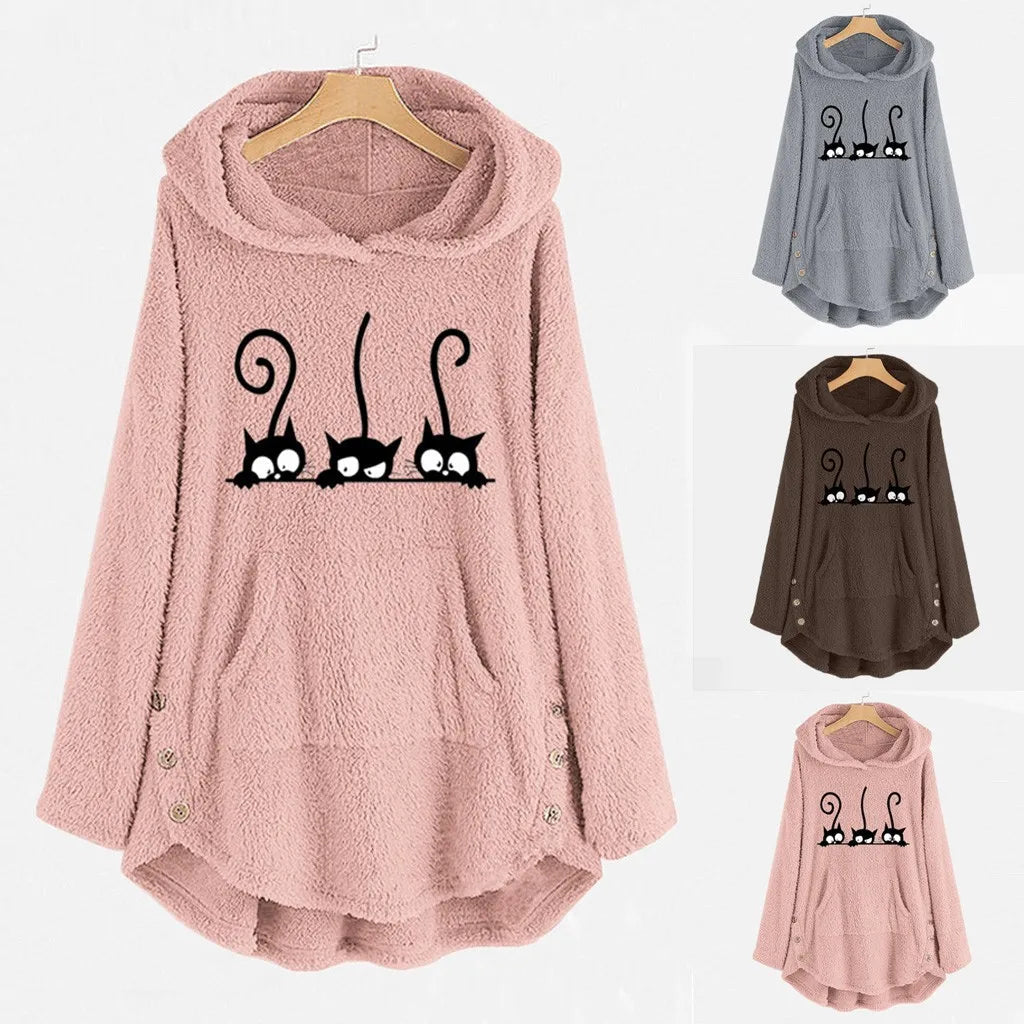 Lockers Hoodie Mit Katz-Print Und Täschli Für Damen | Ideal für den Winter