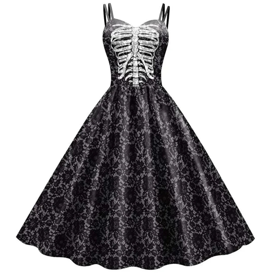 Stylisches V-Ausschnitt Vintage Midi Kleid Mit Gothic-Muster für Damen | Ideal für Sommer