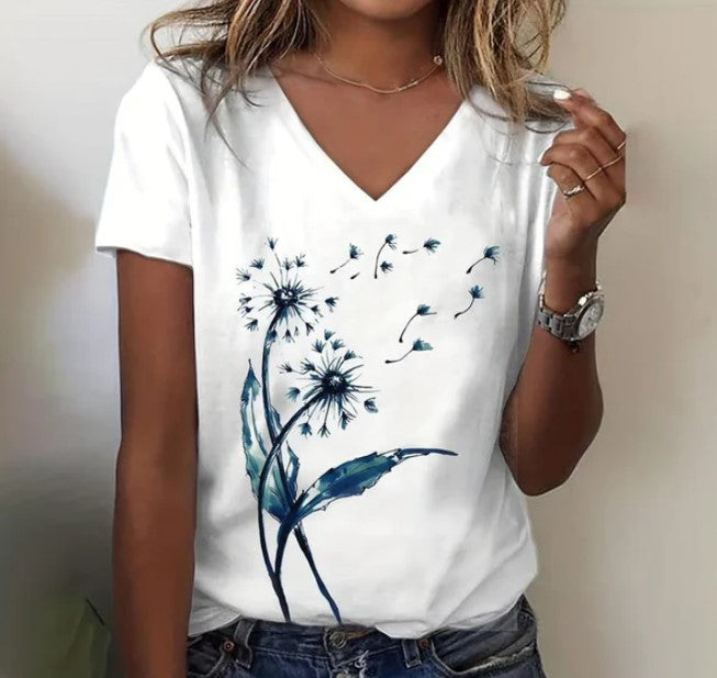 Stylischs Wiisses T-Shirt Mit Blueme-Danz-Drucken für Damen | Ideal für Sommer