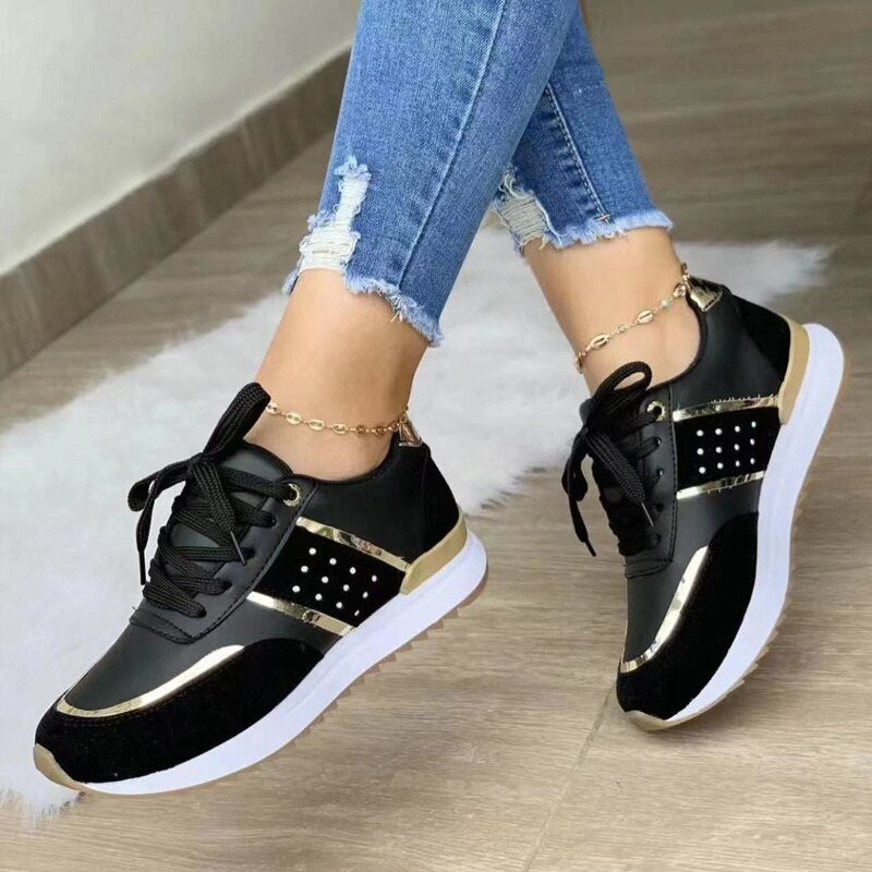 Moderne Stylische Schwarze Schnür-Sneaker mit Gold-Akzente für Damen | Ideal für jede Jahreszeit