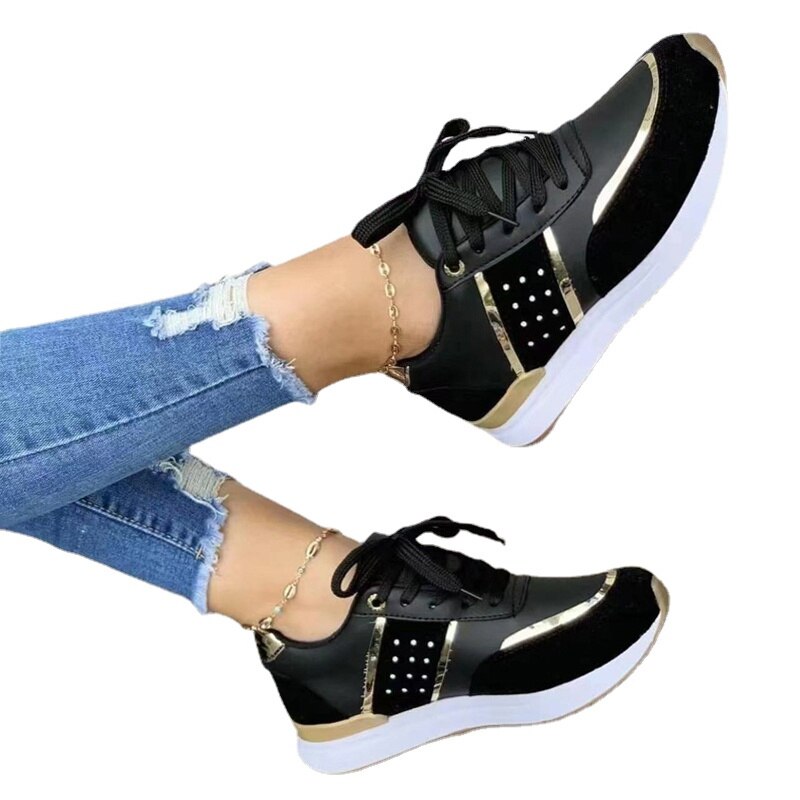 Moderne Stylische Schwarze Schnür-Sneaker mit Gold-Akzente für Damen | Ideal für jede Jahreszeit