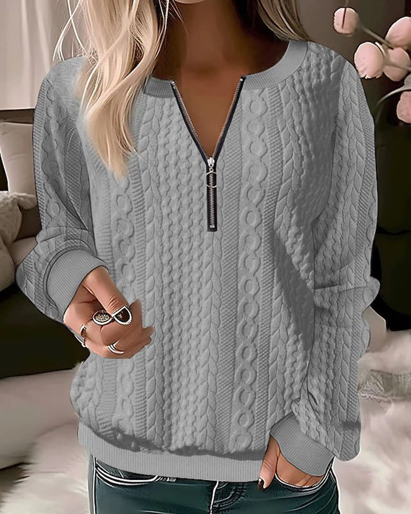 Elegant Halbreissverschluss Strick Pullover Mit Zopfmuster für Damen | Ideal für Winter