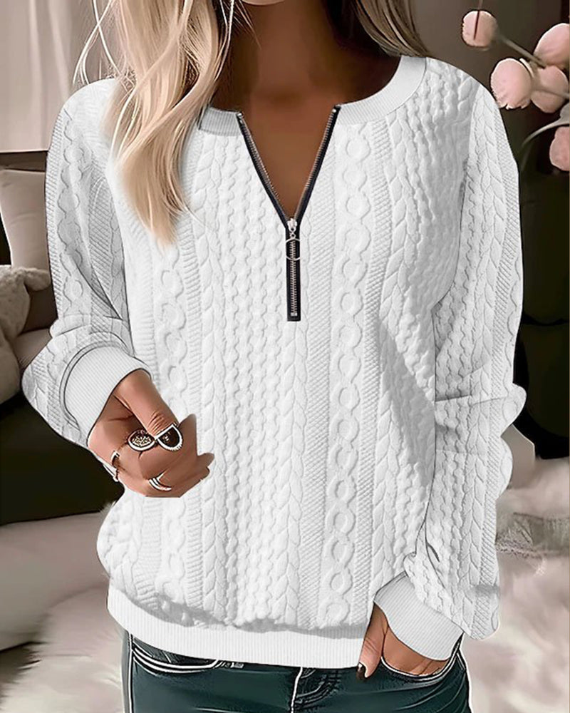 Elegant Halbreissverschluss Strick Pullover Mit Zopfmuster für Damen | Ideal für Winter