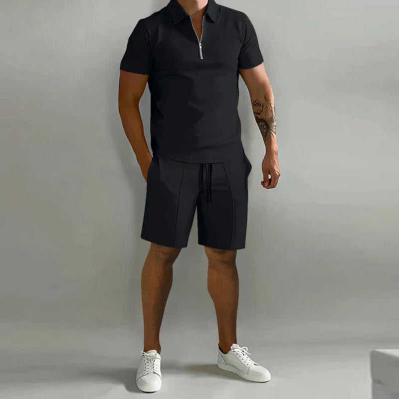 Klassisches Einfarbiges Viertelzip T-Shirt Und Kordelzug Shorts Mit Tasche Set für Herren | Ideal für Sommer