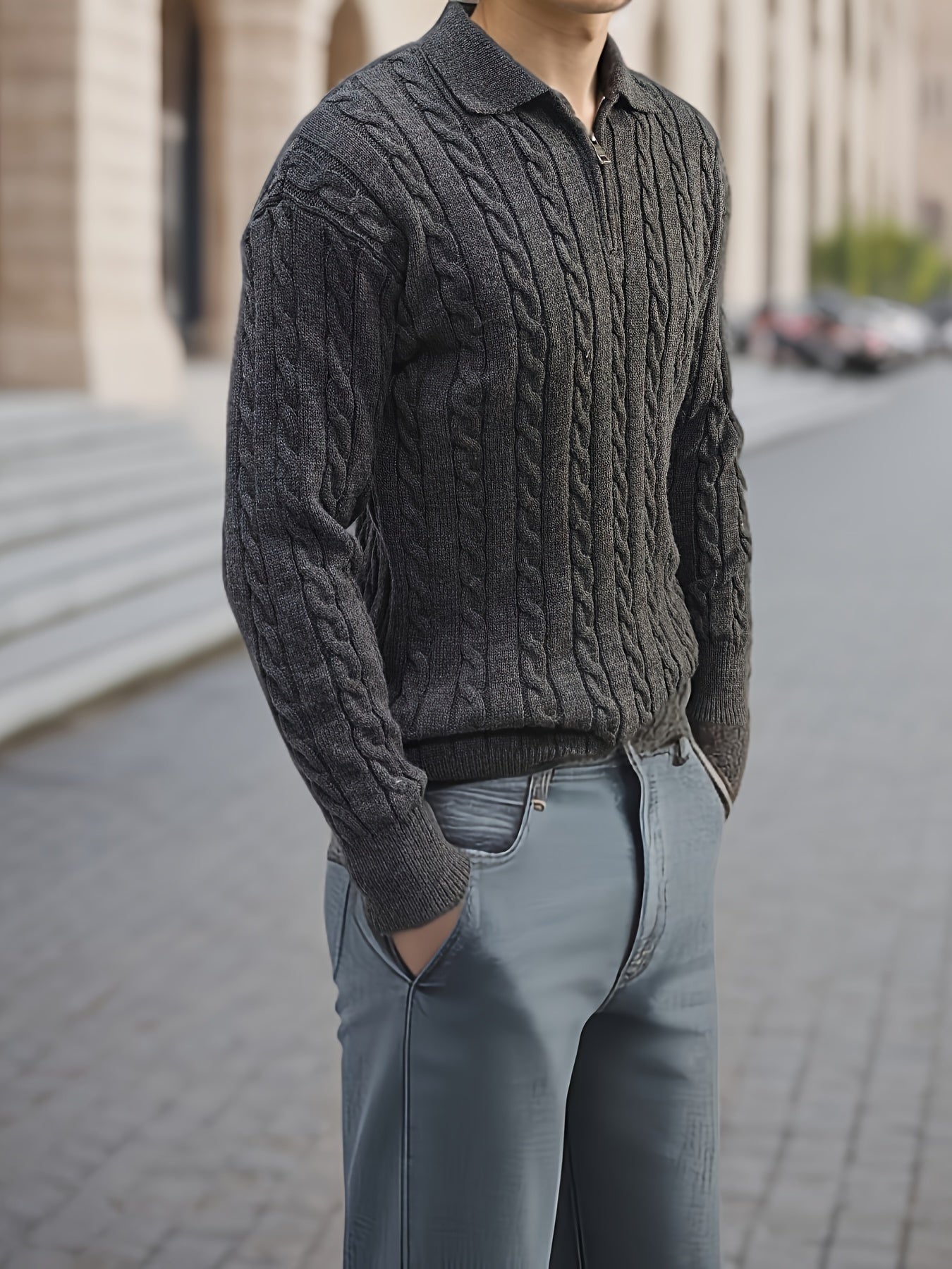 Lässiger Grauer Zopfmuster Strickpullover Mit Reissverschluss Und Kragen für Herren | Ideal für alle Jahreszeiten