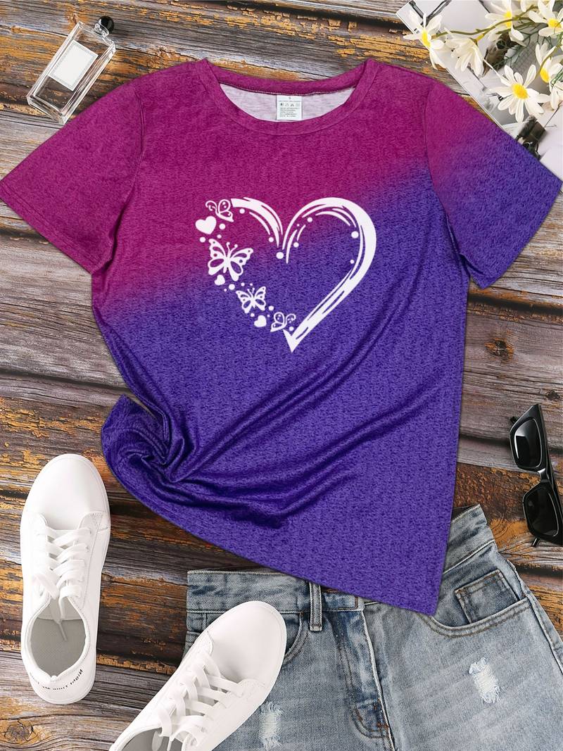 Klassischs Rundhals T-Shirt Mit Schmetterlings-Herz-Print für Damen | Ideal für Sommer