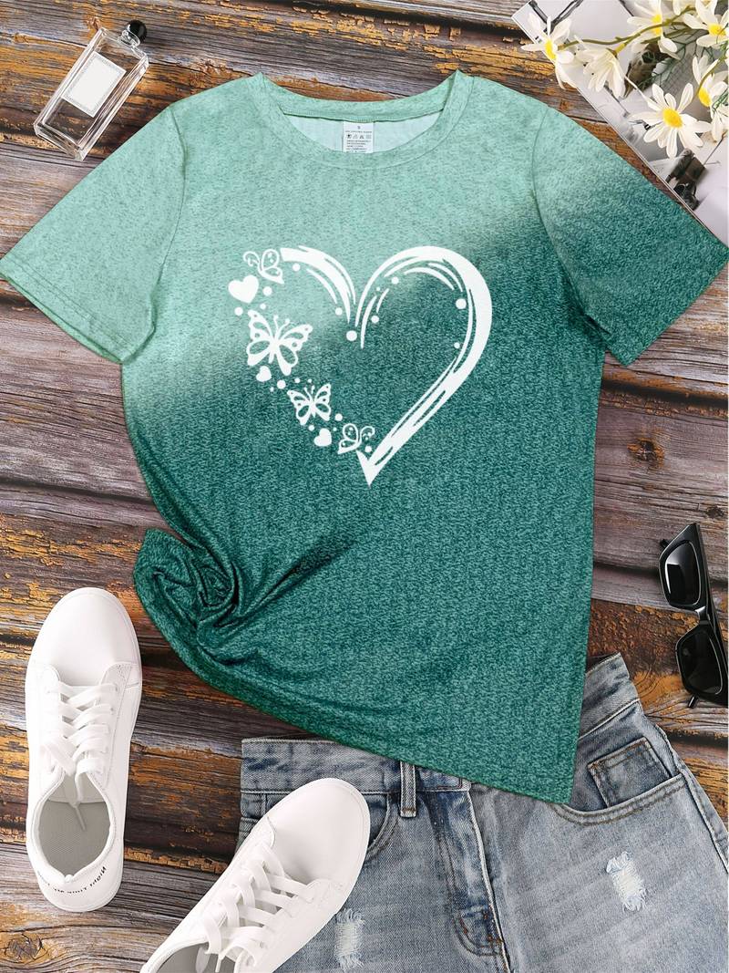 Klassischs Rundhals T-Shirt Mit Schmetterlings-Herz-Print für Damen | Ideal für Sommer