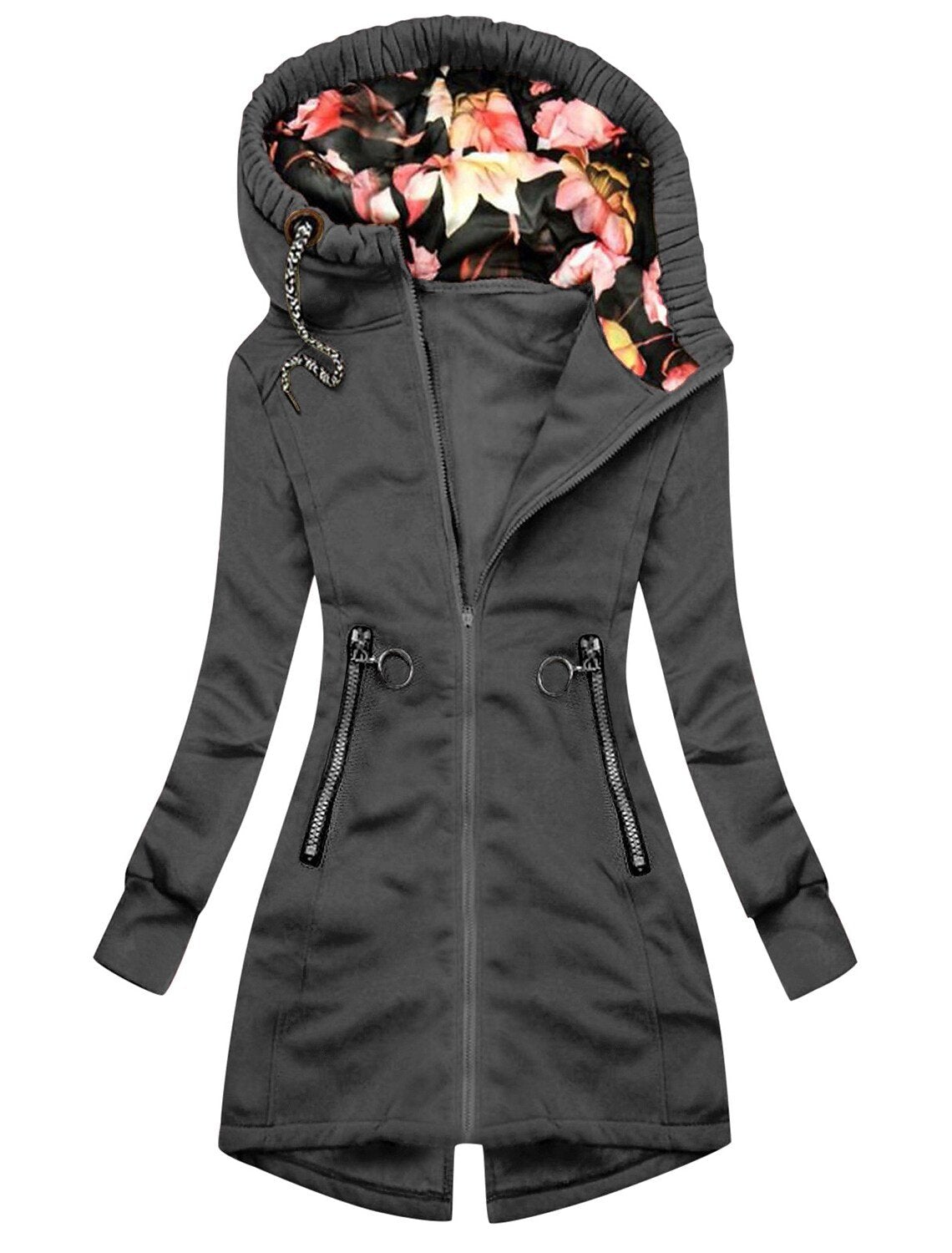 Stylisch Hochkragen Jacke Mit Blumen-Kapuze Und Reissverschlusstasche für Damen | Ideal für den Winter