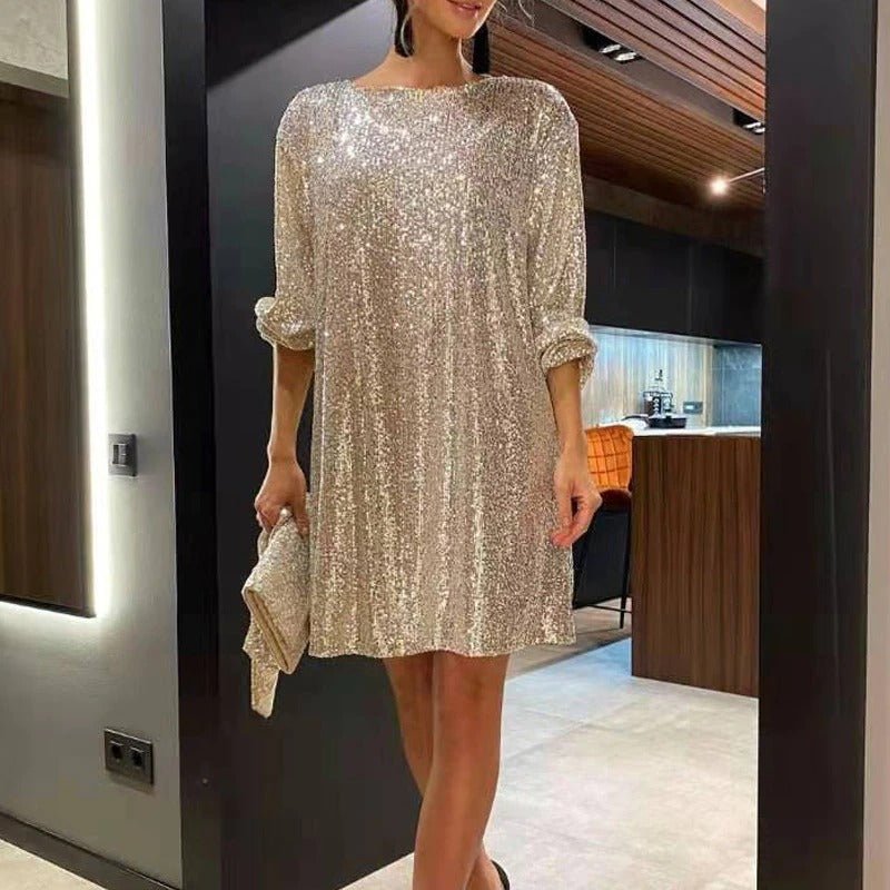 Lässiges Glitzerndes Cocktailkleid Mit Rundhalsausschnitt Und Gürtel für Damen | Ideal für alle Jahreszeiten