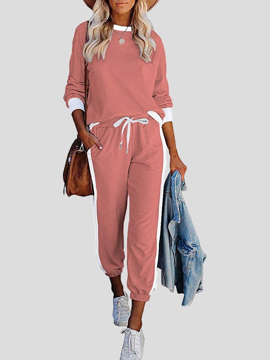 Lässigi Rundhals Farbblock Sweatshirt und Jogger Hose Set für Damen | Ideal für alle Jahreszeiten