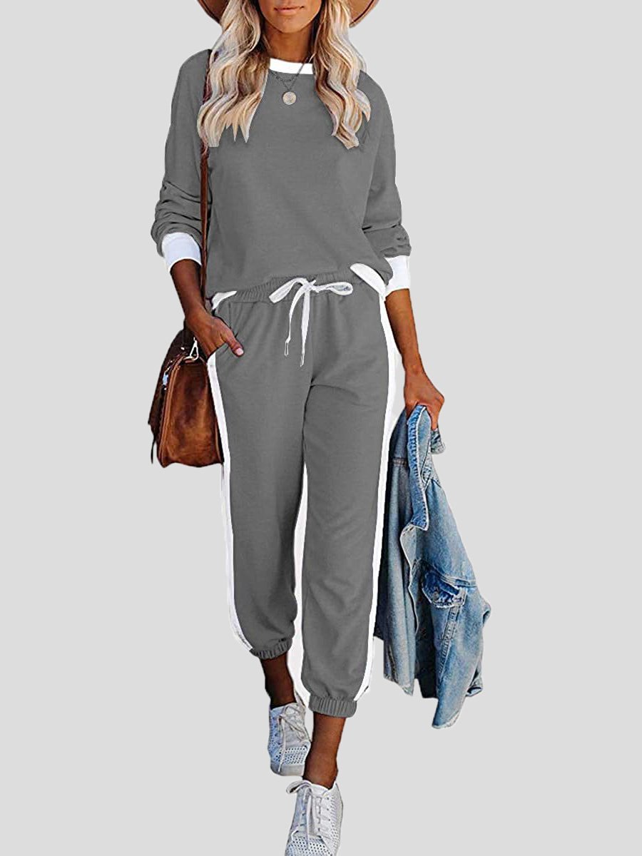 Lässigi Rundhals Farbblock Sweatshirt und Jogger Hose Set für Damen | Ideal für alle Jahreszeiten